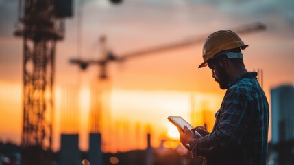 Construction worker with tablet against orange sunset and industrial cranes