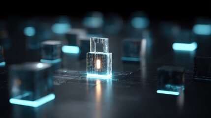 Glowing digital padlock with binary code on dark circuit board background