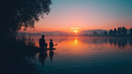 Father and child silhouette fishing against vibrant sunrise over calm water