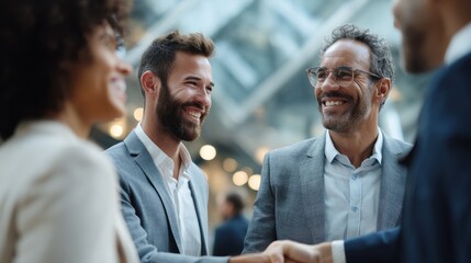 Diverse business professionals smiling during successful handshake agreement
