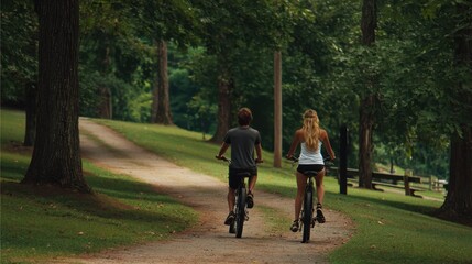 Young couple cycling on dirt trail surrounded by dense green forest canopy