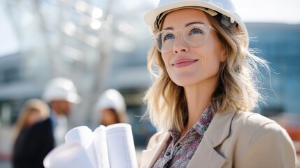 Smiling female construction manager holding rolled blueprints outdoors