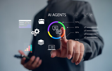 AI agents concept showing person interacting with holographic dashboards, data charts, workflow icons, representing automation, intelligent systems, analytics, advanced digital process management.