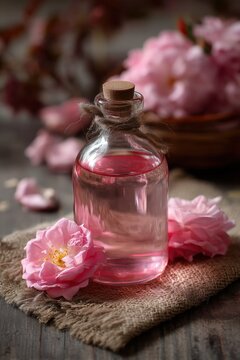Glass bottle of pink rose water with fresh flowers and burlap texture