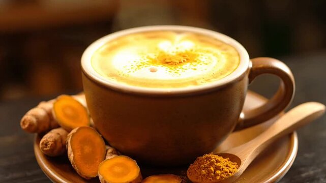 A warm cup of turmeric latte surrounded by fresh spices.