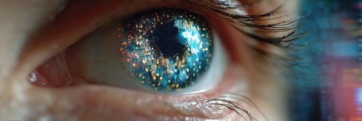 Extreme close-up of human eye with futuristic digital iris pattern