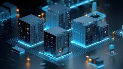 Isometric glowing server racks in futuristic data center environment