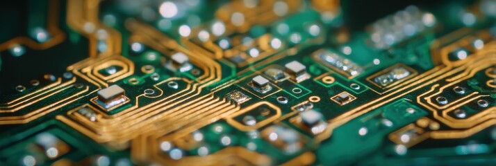 Macro view of green printed circuit board with golden traces and components