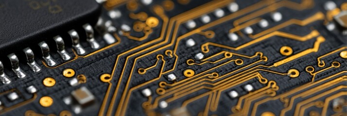 Macro view of golden circuit board traces and electronic components