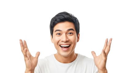 Man with excited expression hands raised isolated on transparent background