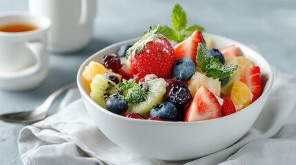 Vibrant mixed fruit salad with fresh berries and mint garnish in white bowl