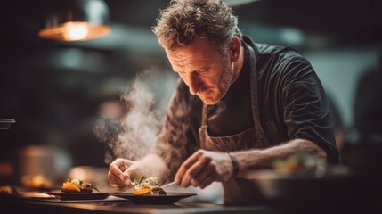 Focused chef meticulously plating gourmet dish with steam rising in professional kitchen