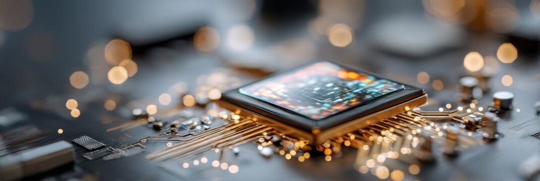 Glowing microchip on dark circuit board with warm bokeh highlights - Powered by Adobe