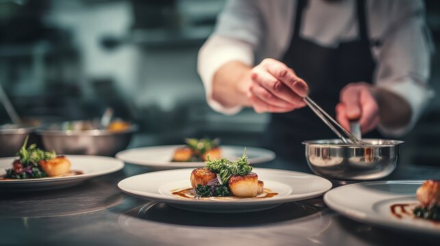 Professional chef plating seared scallops with microgreens garnish - Powered by Adobe
