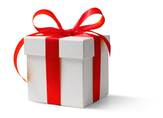 White gift box with red bow on a white background