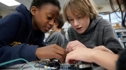 Diverse students collaborating on electronics project with wires and circuit boards