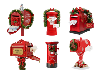 A delightful collection of six charming red mailboxes beautifully decorated for Christmas to receive letters addressed to Santa Claus