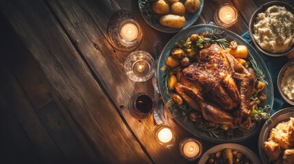 Festive holiday dinner with roasted turkey and side dishes on wooden table