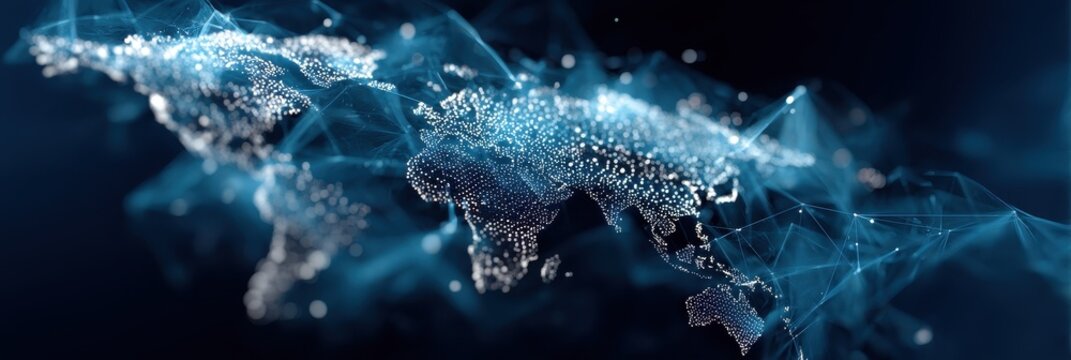 Abstract glowing digital world map with data network connections - Powered by Adobe