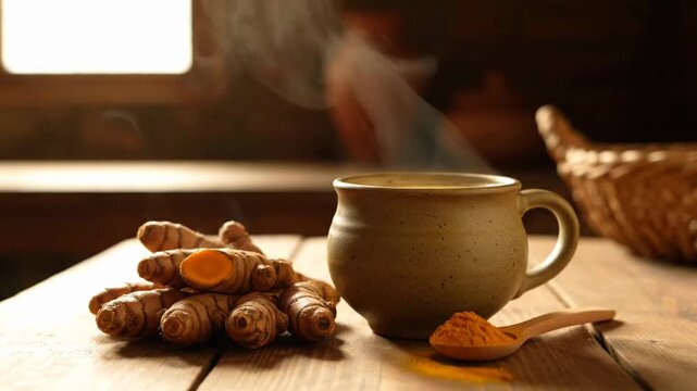 A steaming cup beside fresh turmeric roots and spice, evoking warmth.