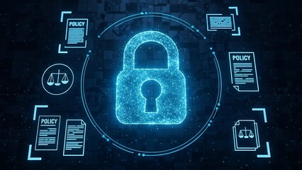 Digital Security Lock with Policy Documents and Legal Scales.