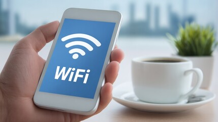 Person holding smartphone with WiFi signal icon and text on screen, indicating wireless internet connection and digital communication in a modern setting.