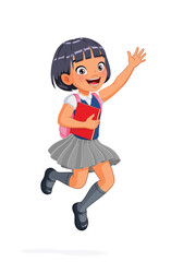 Cute little Asian school girl is jumping excitedly and waving her hand. Cartoon vector illustration.