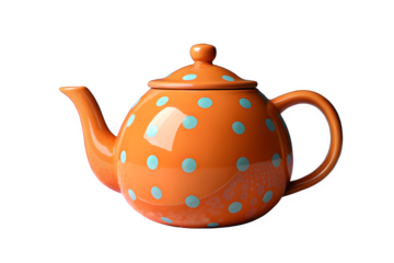 Bright orange ceramic teapot with blue polka dots isolated on transparent background