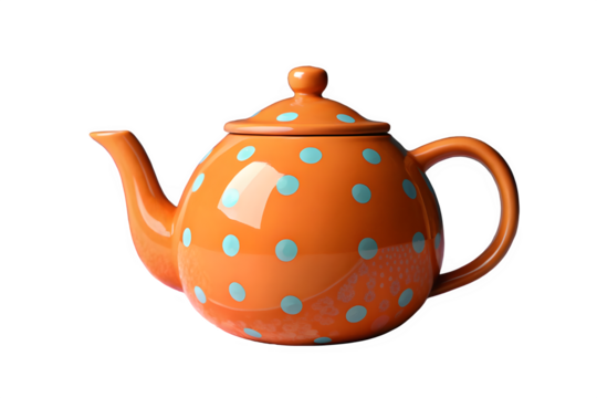 Bright orange ceramic teapot with blue polka dots isolated on transparent background - Powered by Adobe