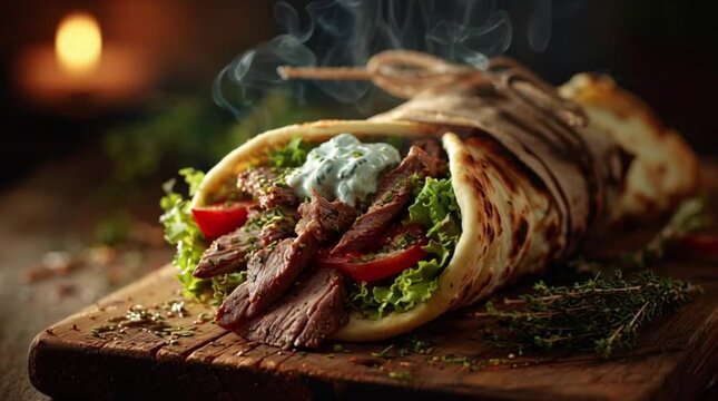 Close-up of a steaming doner kebab on a wooden cutting board with lettuce, tomato, and tzatziki sauce.