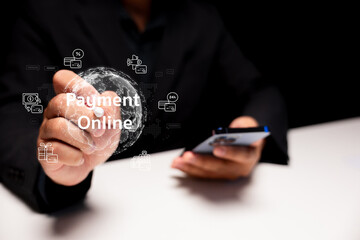 A person interacts with a digital interface highlighting online payment, showcasing modern technology and e-commerce.