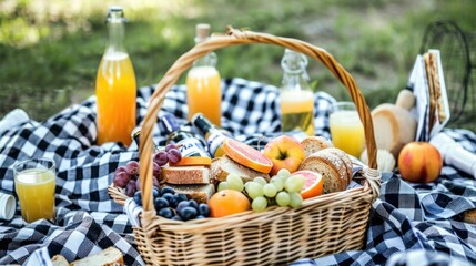 Fresh Fruit and Juice Picnic Basket with Bread and Apples on Checkered Blanket in Park