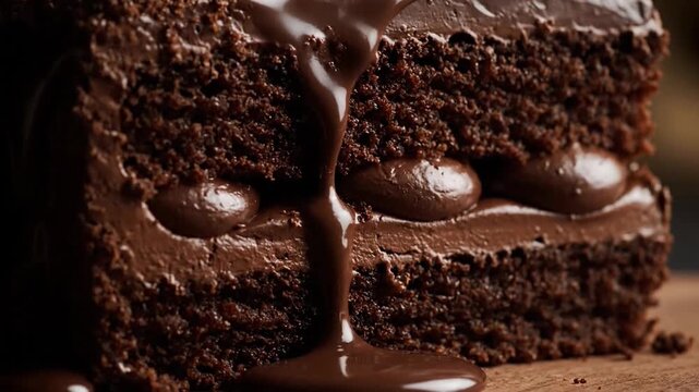 Decadent chocolate cake with rich frosting and a luscious drizzle.