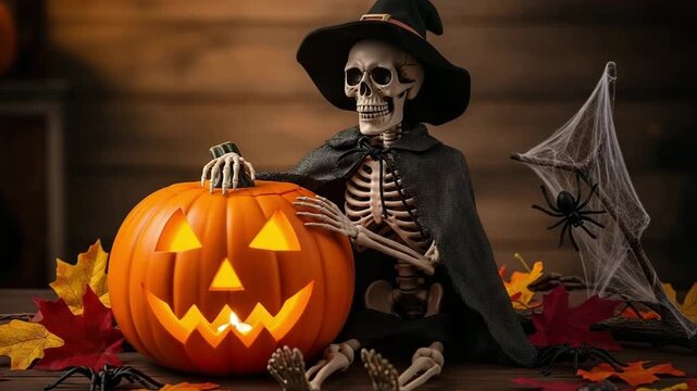 Skeleton in witch hat posing with carved pumpkin for Halloween  