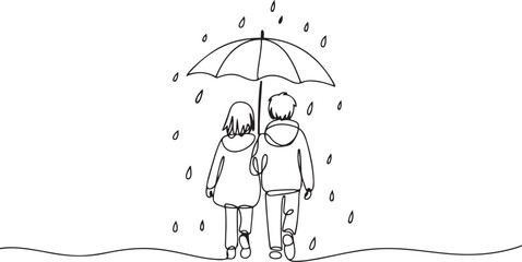 girl and boy alone umbrella outside walking away cold rain snow cold weather life one line art design Arrival of autumn concept. one line Icon drawing © firoz