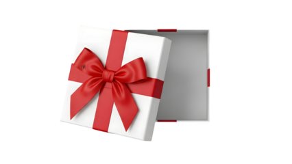 Open gift box with red ribbon isolated on transparent background