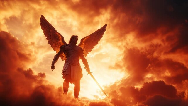 angel warrior holding glowing sword amid fiery cloudscape, towering wings spread, golden armor reflecting inferno light, cinematic dramatic mood, guardian