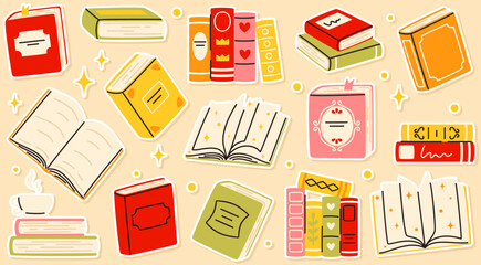 Stacks of books for reading stickers. Educational literature, back to school.