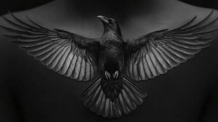 A detailed black and white shot of a raven tattoo centered on a person's torso, with wings fully extended