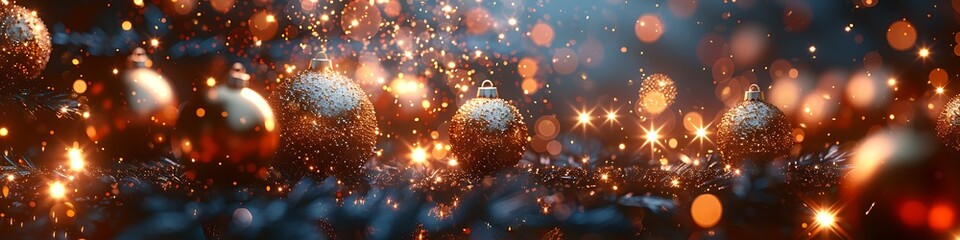 Panoramic Golden Christmas Ornaments Bokeh Lights Festive Celebration