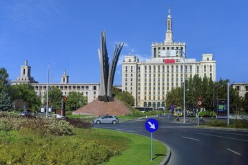 House of the Free Press in Stalinist architectural style and Wings monument, Bucharest, Romania