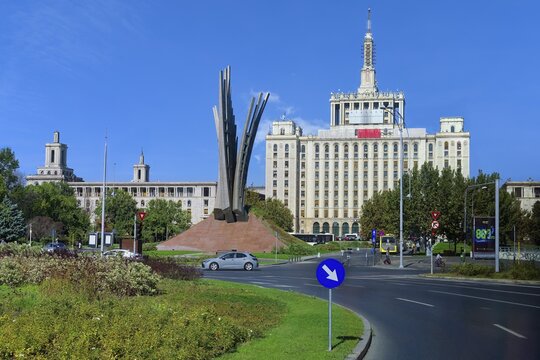 House of the Free Press in Stalinist architectural style and Wings monument, Bucharest, Romania