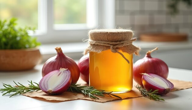 Glass jar filled with golden onion syrup sits on kitchen counter. Fresh red onions, rosemary sprigs surround jar, suggesting homemade remedy culinary ingredient for healthy cooking, natural