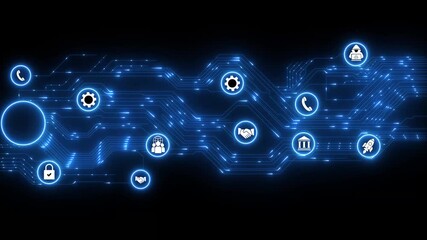 Animation of data processing with icons over connections data transfer 4k animated motion video. Network connections and data points animation over blurred cityscape background. digital data .. - Powered by Adobe