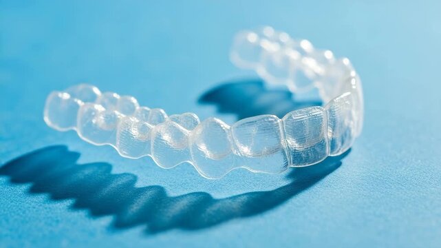 Clear dental aligner on blue background with shadow effect  