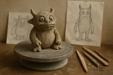 Hand-Sculpted Clay Monster on Pottery Wheel with Sketches and Tools