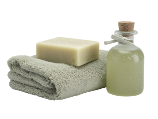 Sage green bath towel, soap, and glass bottle, isolated, transparent background. Wellness set