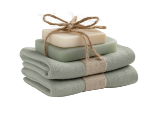 Sage green bath towel and soap, isolated, transparent background. Wellness set