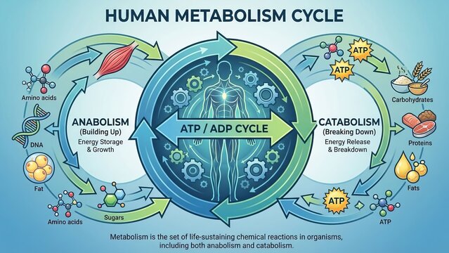 Human metabolism cycle infographic illustrating anabolism for energy storage and growth, catabolism for energy release and breakdown, and the continuous atp/adp cycling essential for the human body