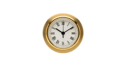 Small brass clock insert with white dial and roman numerals, isolated on white isolated on transparent background